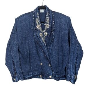 Vintage Embellished Denim Jacket Women’s Large 100% Cotton Embroidered